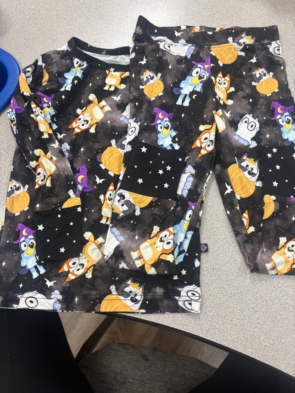Kids Halloween Pumpkin & Cartoon Animal Pajama Set - Black Background Bluey